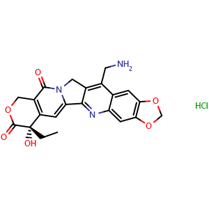 Chemical structure of (S)-14-(aminomethyl)-7-ethyl-7-hydroxy-10,13-dihydro-11H-[1,3]dioxolo[4,5-g]pyrano[3',4':6,7]indolizino[1,2-b]quinoline-8,11(7H)-dione  hydrochloride , CAS 2740593-09-1, AChemBlock U127348