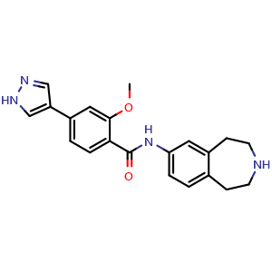 Chemical structure of 2-methoxy-4-(1H-pyrazol-4-yl)-N-(2,3,4,5-tetrahydro-1H-benzo[d]azepin-7-yl)benzamide , CAS 1610586-62-3, AChemBlock U127364