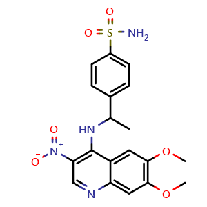Chemical structure of 4-(1-((6,7-dimethoxy-3-nitroquinolin-4-yl)amino)ethyl)benzenesulfonamide , CAS 2665660-66-0, AChemBlock U127368