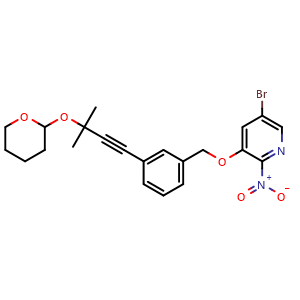 Chemical structure of 5-Bromo-3-{3-[3-methyl-3-(tetrahydro-pyran-2-yloxy)-but-1-ynyl]-benzyloxy}-2-nitro-pyridine , CAS 2380301-71-1, AChemBlock U127369