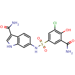 Chemical structure of 6-((3-carbamoyl-5-chloro-4-hydroxyphenyl)sulfonamido)-1H-indole-3-carboxamide , CAS 2132397-27-2, AChemBlock U127397