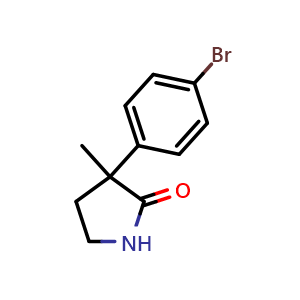 Chemical structure of 3-(4-bromophenyl)-3-methylpyrrolidin-2-one , CAS 2304502-08-5, AChemBlock U127400
