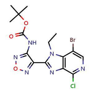 Chemical structure of tert-butyl (4-(7-bromo-4-chloro-1-ethyl-1H-imidazo[4,5-c]pyridin-2-yl)-1,2,5-oxadiazol-3-yl)carbamate , CAS 842144-08-5, AChemBlock U127426