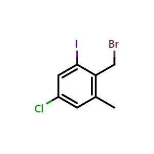 Chemical structure of 2-Bromomethyl-5-chloro-1-iodo-3-methyl-benzene , CAS 2092117-56-9, AChemBlock U127438