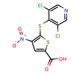 Chemical structure of 5-(3,5-Dichloro-pyridin-4-ylsulfanyl)-4-nitro-thiophene-2-carboxylic acid , CAS 1247827-47-9, AChemBlock U127440