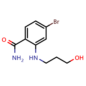 Chemical structure of 4-Bromo-2-(3-hydroxy-propylamino)-benzamide , CAS 2665660-97-7, AChemBlock U127446