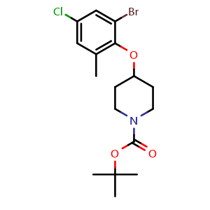 Chemical structure of 4-(2-Bromo-4-chloro-6-methyl-phenoxy)-piperidine-1-carboxylic acid tert-butyl ester , CAS 2470440-55-0, AChemBlock U127450