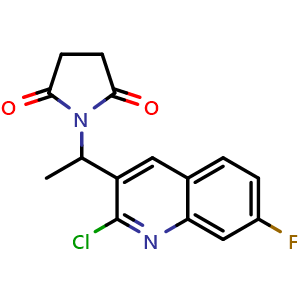 Chemical structure of 1-(1-(2-chloro-7-fluoroquinolin-3-yl)ethyl)pyrrolidine-2,5-dione , CAS 2665662-66-6, AChemBlock U127452