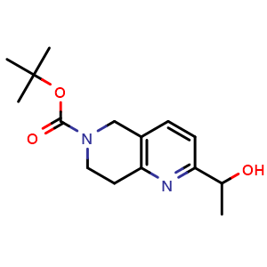 Chemical structure of 2-(1-Hydroxy-ethyl)-7,8-dihydro-5H-[1,6]naphthyridine-6-carboxylic acid tert-butyl ester , CAS 2665664-75-3, AChemBlock U127455