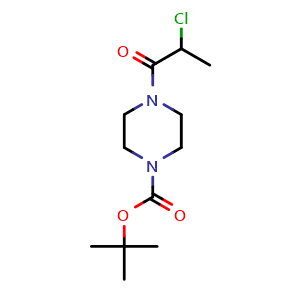 Chemical structure of tert-butyl 4-(2-chloropropanoyl)piperazine-1-carboxylate , CAS 1181803-80-4, AChemBlock U127458