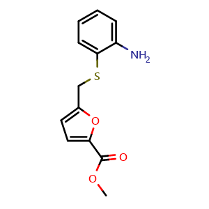 Chemical structure of 5-(2-Amino-phenylsulfanylmethyl)-furan-2-carboxylic acid methyl ester , CAS 215779-54-7, AChemBlock U127460