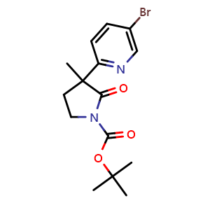 Chemical structure of tert-butyl 3-(5-bromopyridin-2-yl)-3-methyl-2-oxopyrrolidine-1-carboxylate , CAS 2665663-06-7, AChemBlock U127468