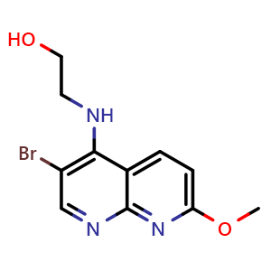 Chemical structure of 2-(3-Bromo-7-methoxy-[1,8]naphthyridin-4-ylamino)-ethanol , CAS 2665660-74-0, AChemBlock U127474