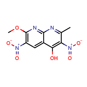 Chemical structure of 7-methoxy-2-methyl-3,6-dinitro-1,8-naphthyridin-4-ol , CAS 2665660-76-2, AChemBlock U127475