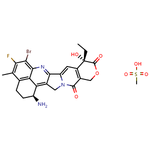 Chemical structure of (1S,9S)-1-amino-6-bromo-9-ethyl-5-fluoro-9-hydroxy-4-methyl-1,2,3,9,12,15-hexahydro-10H,13H-benzo[de]pyrano[3',4':6,7]indolizino[1,2-b]quinoline-10,13-dione methanesulfonic acid , AChemBlock U127510