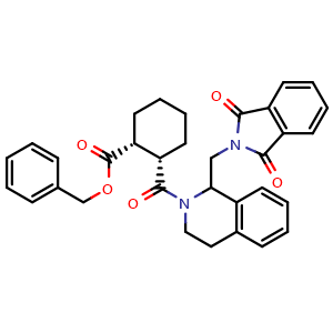 Chemical structure of rel-benzyl (1R,2S)-2-(1-((1,3-dioxoisoindolin-2-yl)methyl)-1,2,3,4-tetrahydroisoquinoline-2-carbonyl)cyclohexane-1-carboxylate , CAS 1434002-56-8, AChemBlock U127525