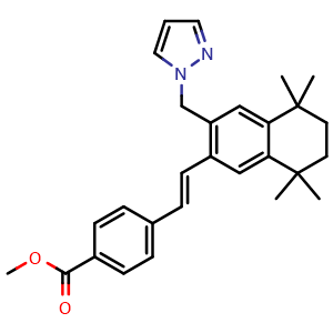 Chemical structure of methyl (E)-4-(2-(3-((1H-pyrazol-1-yl)methyl)-5,5,8,8-tetramethyl-5,6,7,8-tetrahydronaphthalen-2-yl)vinyl)benzoate , CAS 410528-55-1, AChemBlock U127526