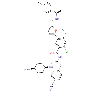 Chemical structure of N-((R)-1-(((1s,4S)-4-aminocyclohexyl)amino)-3-(4-cyanophenyl)propan-2-yl)-2-chloro-4-methoxy-5-(5-((((R)-1-(p-tolyl)ethyl)amino)methyl)furan-2-yl)benzamide , CAS 2099142-76-2, AChemBlock U127529