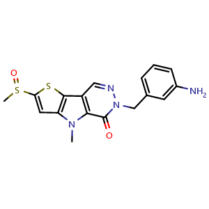 Chemical structure of 6-(3-aminobenzyl)-4-methyl-2-(methylsulfinyl)-4,6-dihydro-5H-thieno[2',3':4,5]pyrrolo[2,3-d]pyridazin-5-one , CAS 1221186-53-3, AChemBlock U127530