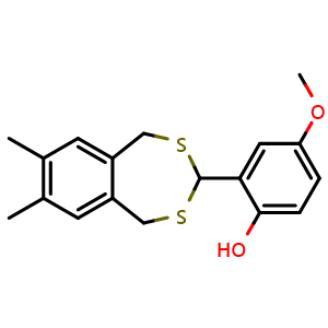 Chemical structure of 2-(7,8-dimethyl-1,5-dihydrobenzo[e][1,3]dithiepin-3-yl)-4-methoxyphenol , CAS 309286-77-9, AChemBlock U127533