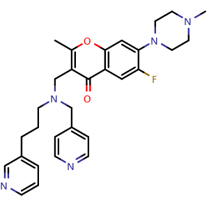 Chemical structure of 6-fluoro-2-methyl-7-(4-methylpiperazin-1-yl)-3-(((3-(pyridin-3-yl)propyl)(pyridin-4-ylmethyl)amino)methyl)-4H-chromen-4-one , CAS 2402715-31-3, AChemBlock U127540