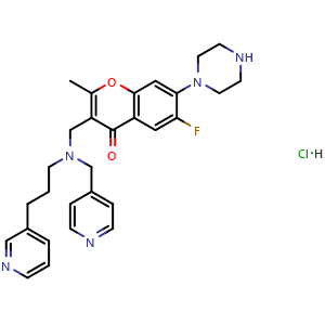Chemical structure of 6-fluoro-2-methyl-7-(piperazin-1-yl)-3-(((3-(pyridin-3-yl)propyl)(pyridin-4-ylmethyl)amino)methyl)-4H-chromen-4-one hydrochloride , CAS 2402716-10-1, AChemBlock U127541