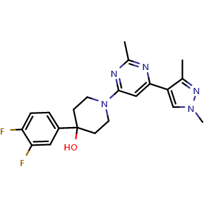 Chemical structure of 4-(3,4-difluorophenyl)-1-(6-(1,3-dimethyl-1H-pyrazol-4-yl)-2-methylpyrimidin-4-yl)piperidin-4-ol , CAS 2525504-74-7, AChemBlock U127543