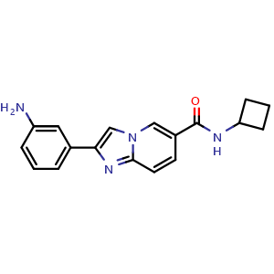 Chemical structure of 2-(3-aminophenyl)-N-cyclobutylimidazo[1,2-a]pyridine-6-carboxamide , CAS 2597186-54-2, AChemBlock U127545