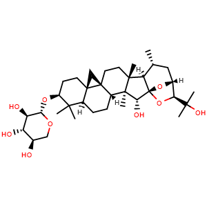 Chemical structure of (2S,3R,4S,5R)-2-(((2aR,4S,6aR,7aS,9aR,9bR,10R,12R,13S,14aS,15R,15aS,15bR)-15-hydroxy-13-(2-hydroxypropan-2-yl)-3,3,9a,10,15a-pentamethyloctadecahydro-7H-12,14a-epoxycyclopropa[1',8a']naphtho[2',1':4,5]indeno[2,1-b]oxepin-4-yl)oxy)tetrahydro-2H-pyran-.. , CAS 27994-11-2, AChemBlock U127547