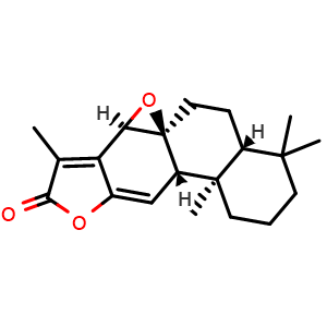 Chemical structure of (1aS,3aR,7aR,7bS,11bR)-4,4,7a,11-tetramethyl-3,3a,4,5,6,7,7a,7b-octahydro-2H-oxireno[2',3':1,10a]phenanthro[3,2-b]furan-10(11bH)-one , CAS 37905-07-0, AChemBlock U127553