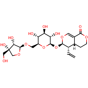 Chemical structure of (3R,4S,4Ar)-3-[(2R,3S,4R,5R,6S)-6-[[(2S,3S,4S)-3,4-dihydroxy-4-(hydroxymethyl)oxolan-2-yl]oxymethyl]-3,4,5-trihydroxyoxan-2-yl]oxy-4-ethenyl-4,4a,5,6-tetrahydro-3H-pyrano[3,4-c]pyran-8-one , CAS 266678-59-5, AChemBlock U127556