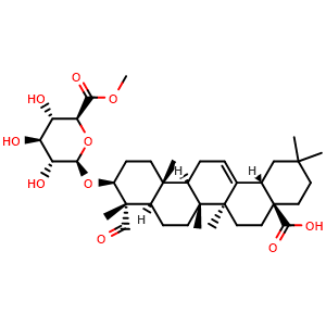 Chemical structure of (4aS,6aS,6bR,8aR,9S,10S,12aR,12bR,14bS)-9-formyl-2,2,6a,6b,9,12a-hexamethyl-10-(((2R,3R,4S,5S,6S)-3,4,5-trihydroxy-6-(methoxycarbonyl)tetrahydro-2H-pyran-2-yl)oxy)-1,3,4,5,6,6a,6b,7,8,8a,9,10,11,12,12a,12b,13,14b-octadecahydropicene-4a(2H)-carboxylic.. , CAS 96553-02-5, AChemBlock U127563