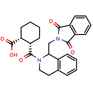 Chemical structure of Cyclohexanecarboxylic acid, 2-[[1-[(1,3-dihydro-1,3-dioxo-2H-isoindol-2-yl)methyl]-3,4-dihydro-2(1H)-isoquinolinyl]carbonyl]-, (1R,2S)-rel- , CAS 1432500-65-6, AChemBlock U127567