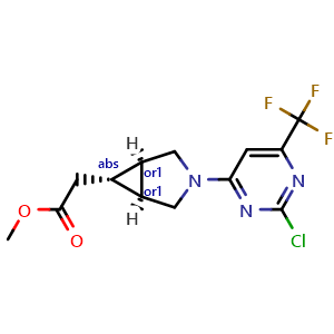 Chemical structure of methyl 2-(rel-(1R,5S,6s)-3-(2-chloro-6-(trifluoromethyl)pyrimidin-4-yl)-3-azabicyclo[3.1.0]hexan-6-yl)acetate , CAS 2102502-68-9, AChemBlock U127574
