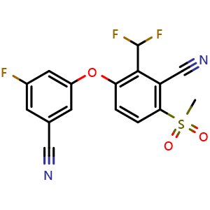 Chemical structure of 3-(3-cyano-5-fluoro-phenoxy)-2-(difluoromethyl)-6-methylsulfonyl-benzonitrile , CAS 1672663-84-1, AChemBlock U127577