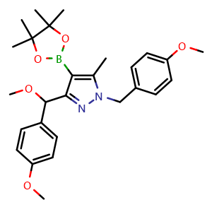 Chemical structure of 3-[(4-methoxyphenyl)methoxymethyl]-1-[(4-methoxyphenyl)methyl]-5-methyl-4-(4,4,5,5-tetramethyl-1,3,2-dioxaborolan-2-yl)pyrazole , CAS 2489244-20-2, AChemBlock U127586