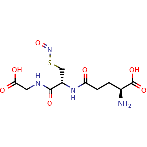 Chemical structure of (2S)-2-amino-5-[[(1R)-2-(carboxymethylamino)-1-(nitrososulfanylmethyl)-2-oxo-ethyl]amino]-5-oxo-pentanoic acid , CAS 57564-91-7, AChemBlock U127587