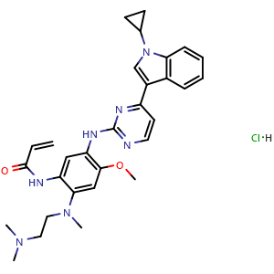Chemical structure of N-[5-[[4-(1-Cyclopropyl-1H-indol-3-yl)-2-pyrimidinyl]amino]-2-[[2-(dimethylamino)ethyl]methylamino]-4-methoxyphenyl]-2-propenamide hydrochloride , CAS 2134096-03-8, AChemBlock U127603