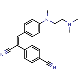 Chemical structure of 4-(1-cyano-2-(4-((2-(dimethylamino)ethyl)(methyl)amino)phenyl)vinyl)benzonitrile , CAS 2530161-67-0, AChemBlock U127609
