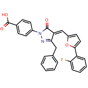 Chemical structure of (E)-4-(3-benzyl-4-((5-(2-fluorophenyl)furan-2-yl)methylene)-5-oxo-4,5-dihydro-1H-pyrazol-1-yl)benzoic acid , CAS 916232-21-8, AChemBlock U127625