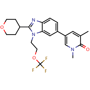 Chemical structure of 1,3-Dimethyl-5-[2-tetrahydropyran-4-yl-3-[2-(trifluoromethoxy)ethyl]benzimidazol-5-yl]pyridin-2-one , CAS 2081072-29-7, AChemBlock U127627