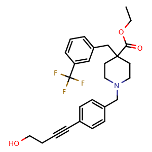 Chemical structure of Ethyl 1-[[4-(4-hydroxy-1-butyn-1-yl)phenyl]methyl]-4-[[3-(trifluoromethyl)phenyl]methyl]-4-piperidinecarboxylate , CAS 1060376-43-3, AChemBlock U127632