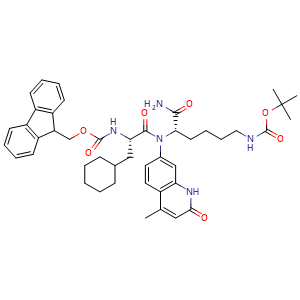 Chemical structure of 3-Cyclohexyl-N-[(9H-fluoren-9-ylmethoxy)carbonyl]-L-alanyl-N-(1,2-dihydro-4-methyl-2-oxo-7-quinolinyl)-N6-[(1,1-dimethylethoxy)carbonyl]-L-lysinamide , CAS 1308833-36-4, AChemBlock U127641