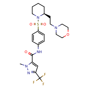 Chemical structure of 1-Methyl-N-[4-[[(2S)-2-[2-(4-morpholinyl)ethyl]-1-piperidinyl]sulfonyl]phenyl]-3-(trifluoromethyl)-1H-pyrazole-5-carboxamide , CAS 1374006-96-8, AChemBlock U127647
