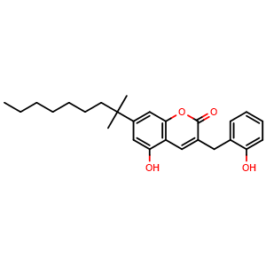 Chemical structure of 5-hydroxy-3-(2-hydroxybenzyl)-7-(2-methylnonan-2-yl)-2H-chromen-2-one , CAS 1399049-81-0, AChemBlock U127648