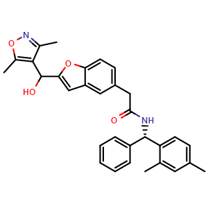 Chemical structure of 2-[(3,5-Dimethyl-4-isoxazolyl)hydroxymethyl]-N-[(S)-(2,4-dimethylphenyl)phenylmethyl]-5-benzofuranacetamide , CAS 1422171-08-1, AChemBlock U127654