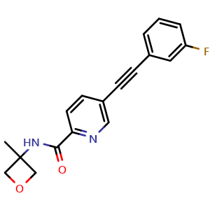 Chemical structure of 2-Pyridinecarboxamide, 5-[2-(3-fluorophenyl)ethynyl]-N-(3-methyl-3-oxetanyl) , CAS 1428630-86-7, AChemBlock U127657