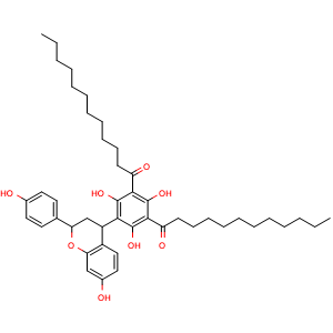 Chemical structure of 1,1'-[5-[3,4-Dihydro-7-hydroxy-2-(4-hydroxyphenyl)-2H-1-benzopyran-4-yl]-2,4,6-trihydroxy-1,3-phenylene]bis[1-dodecanone] , CAS 144337-18-8, AChemBlock U127660