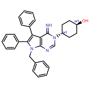 Chemical structure of trans-4-[4,7-Dihydro-4-imino-5,6-diphenyl-7-(phenylmethyl)-3H-pyrrolo[2,3-d]pyrimidin-3-yl]cyclohexanol , CAS 1443414-10-5, AChemBlock U127661