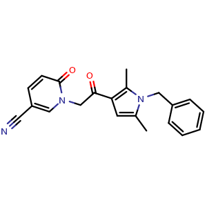 Chemical structure of 1-[2-(1-Benzyl-2,5-dimethylpyrrol-3-yl)-2-oxoethyl]-6-oxopyridine-3-carbonitrile , CAS 1449747-00-5, AChemBlock U127662